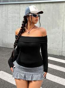 CovetEZ Plus Size Casual Foldover Off-Shoulder Fitted Waffle T-Shirt