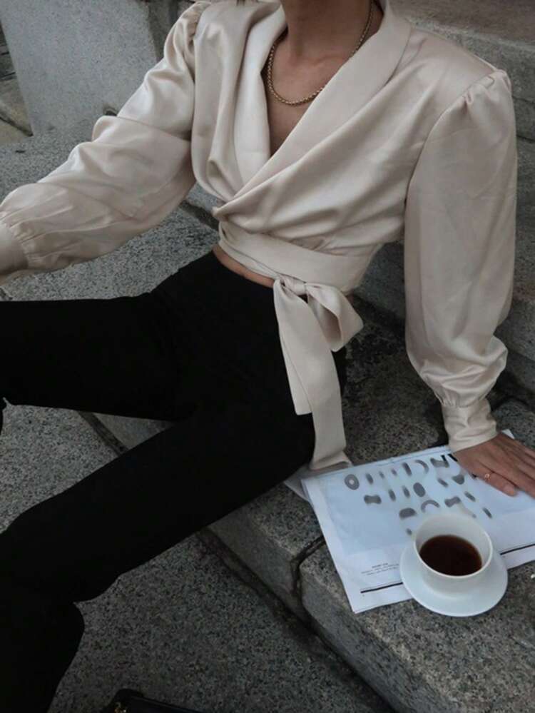 Women's V-Neck Solid Color Cropped Tie-Up Unisex Shirt Long Sleeve Top
