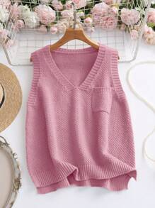SHEIN LUNE Women's Casual V-Neck Small Pocket Pink Knitted Sweater Vest