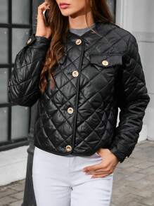 SHEIN Clasi 女士宽松绗缝夹棉大衣，配金属按扣口袋 - 黑色 - 查看 5