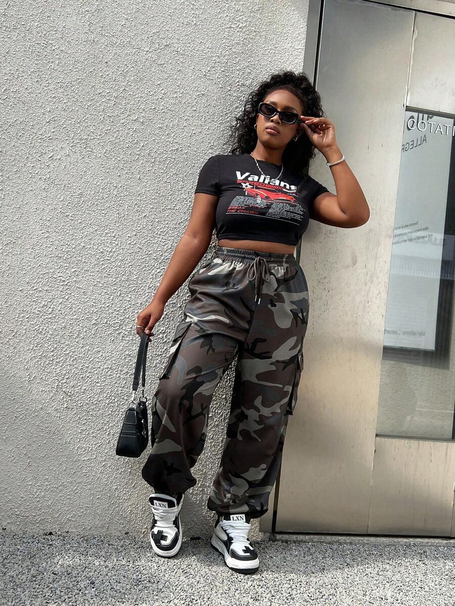 SHEIN EZwear Plus Size Vintage Camo Cargo Pants With Pockets SHEIN UK