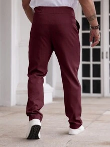 Manfinity Homme Quần ống đứng xếp ly túi trơn cho nam, quần công sở thường ngày - Màu Đỏ Sâu - Xem 5