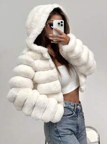 SHEIN EZwear Chaqueta de mujer con capucha esponjosa de unicolor y corta para otoño/invierno