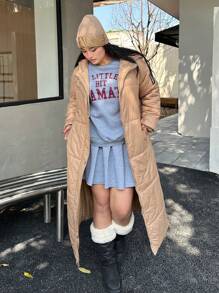 Flirla Plus Size Winter Clothes Hooded Zip Pockets Padded Long Padded Padded Coat, Khaki - Khaki - View 5
