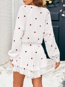 SHEIN VCAY Bộ đồ liền thân thường ngày in hình trái tim dài tay buộc phía trước cho nữ - trắng - Xem 4