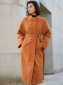 GENKIRA Abrigo largo para mujer de estilo retro y chic francés sin cuello con cinturón de hebilla de metal para otoño - Camel - Ver 6
