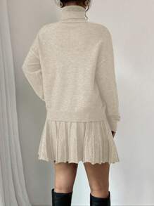 Chiquease 2pcs Set Of Solid Color Loose Pleated Skirt And Turtleneck Sweater Casual Suit