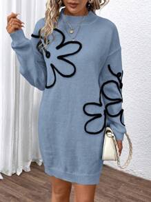 SHEIN Clasi 拼色花卉刺绣圆领休闲长袖毛衣连衣裙