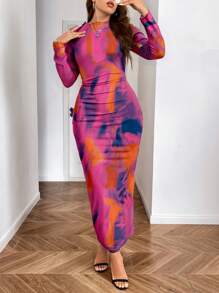 Celure Plus Size Tie Dye Print Ruffle Collar Long Sleeve Dress Maxi Women Outfit