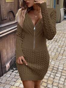Chiquease Váy len dài tay cổ bẻ màu trơn có khóa kéo thanh lịch cho nữ, mùa thu/đông - Màu nâu  Mocha - Xem 6