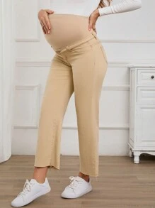 SHEIN Pantalones vaqueros rectos y sueltos de unicolor para maternidad, para primavera y otoño - Caqui - Ver 1