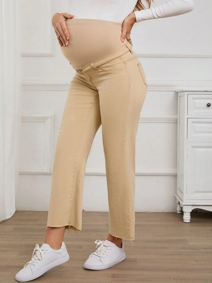 SHEIN Pantalones vaqueros rectos y sueltos de unicolor para maternidad, para primavera y otoño - Caqui - Ver 1