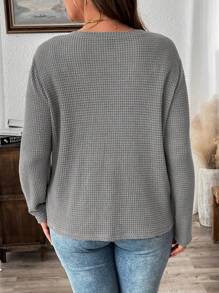 SHEIN LUNE Knit Textured V-Neck Button Decor Fitted Long Sleeve T-Shirt