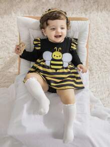 SHEIN Newborn Baby Girl Cute Bee Plush Decor Round Neck Ruffled Sleeve Striped Patchwork Dress With Horned Headband