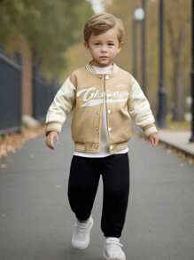 Young Boys Letter Print Striped Long Sleeve Single-Breasted Casual Baseball Jacket And Pants Set, Suitable For Boys Everyday Wear In Autumn - Khaki - View 3
