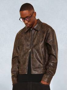 SUMWON 复古风格水洗工装夹克，做旧皮革，秋冬外套，经典拉链前部休闲日常穿着，个性单品，秋季系列