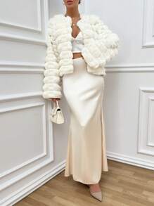 SHEIN Cottnline Texture Rabbit Faux Fur Mini Jacket - White - View 3