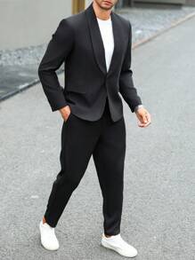Manfinity Mode 2pcs Plus Size Men Casual Shawl Collar Jacket & Pants Suit Set, Autumn - Black - View 7