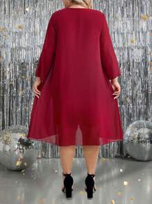 Plus Size Women's Elegant Wine Red Chiffon & Knit Sequin Trim 3/4 Sleeve Dress