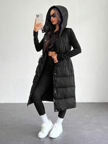 SHEIN PETITE Long Hooded Black Winter Vest Jacket - Black - View 7