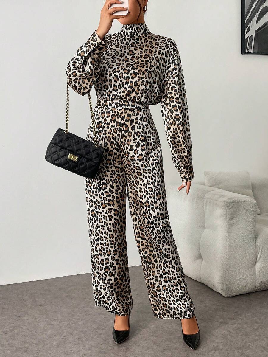 Chiquease Women's Casual Leopard Print Keyhole Back Jumpsuit With Stand Collar And Waist Cinch, For Autumn - Khaki - View 1