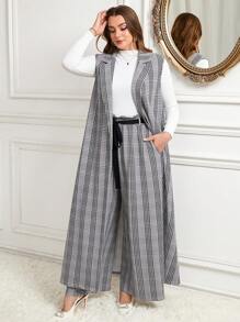 SHEIN Clasi Plus Size Women Plaid Lapel Sleeveless Long Jacket And Wide Leg Pants Casual Suit Set, Autumn