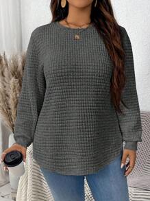 EMERY ROSE Plus Size Women Solid Color Round Neck Long Sleeve Loose Casual Sweatshirt, Autumn - Dark Grey - View 6