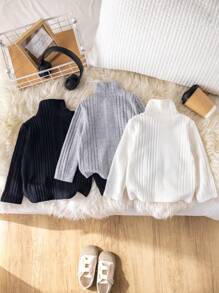 SHEIN 3 stuks/set babyjongens basic effen kleur hoge kraag lange mouwen gebreide truien, herfst/winter