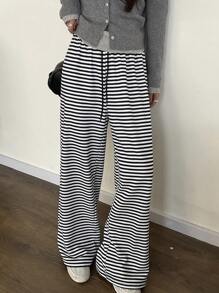 DAZY 新款秋季宽松休闲女式条纹抽绳腰阔腿裤 - 黑色 - 查看 6