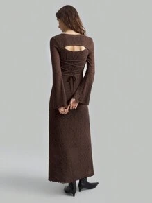 Ontre 2025 春季新款女装，舒适针织面料露背可调节肩带连衣裙，咖啡色休闲度假/返校长裙 - 咖啡棕 - 查看 4