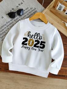 SHEIN Baby Girl Cute Happy New Year Letter Print Sweatshirt,Off-White Autumn Casual Matching Family Mommy And Me Gift,New Year Party (Sold Separately) - White - View 3