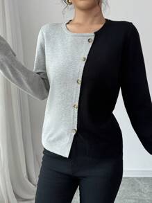 Chiquease 1pc Women's Colorblock Button Front Long Sleeve Casual Pullover Sweater Knit Pullover Fall Winter Outfit