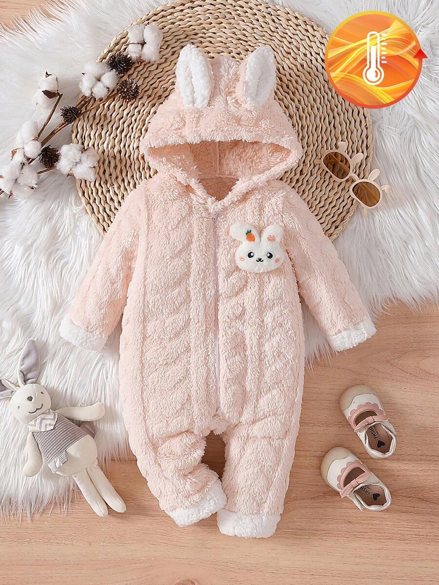 Baby Girls' Hooded 3D Ears Cute Rabbit Fluffy Warm Jumpsuit, Winter - Apricot - View 1