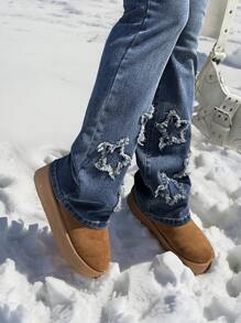 SHEIN PETITE Women's Low Rise Slim Fit Flare Jeans, Blue Stretch Denim,Country