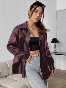 SHEIN Unity Women Solid Color PU Leather Zip-Up Casual Jacket, Autumn - Burgundy - View 1