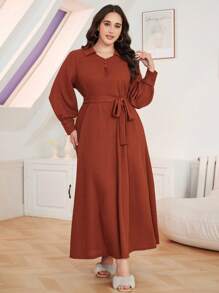 Mulvari 纯色针织长裙，秋冬保暖 - 棕色 - 查看 3