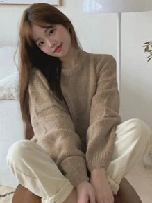 DAZY 女士纯色圆领长袖简约休闲毛衣，秋季女装 - 薑色 - 查看 5
