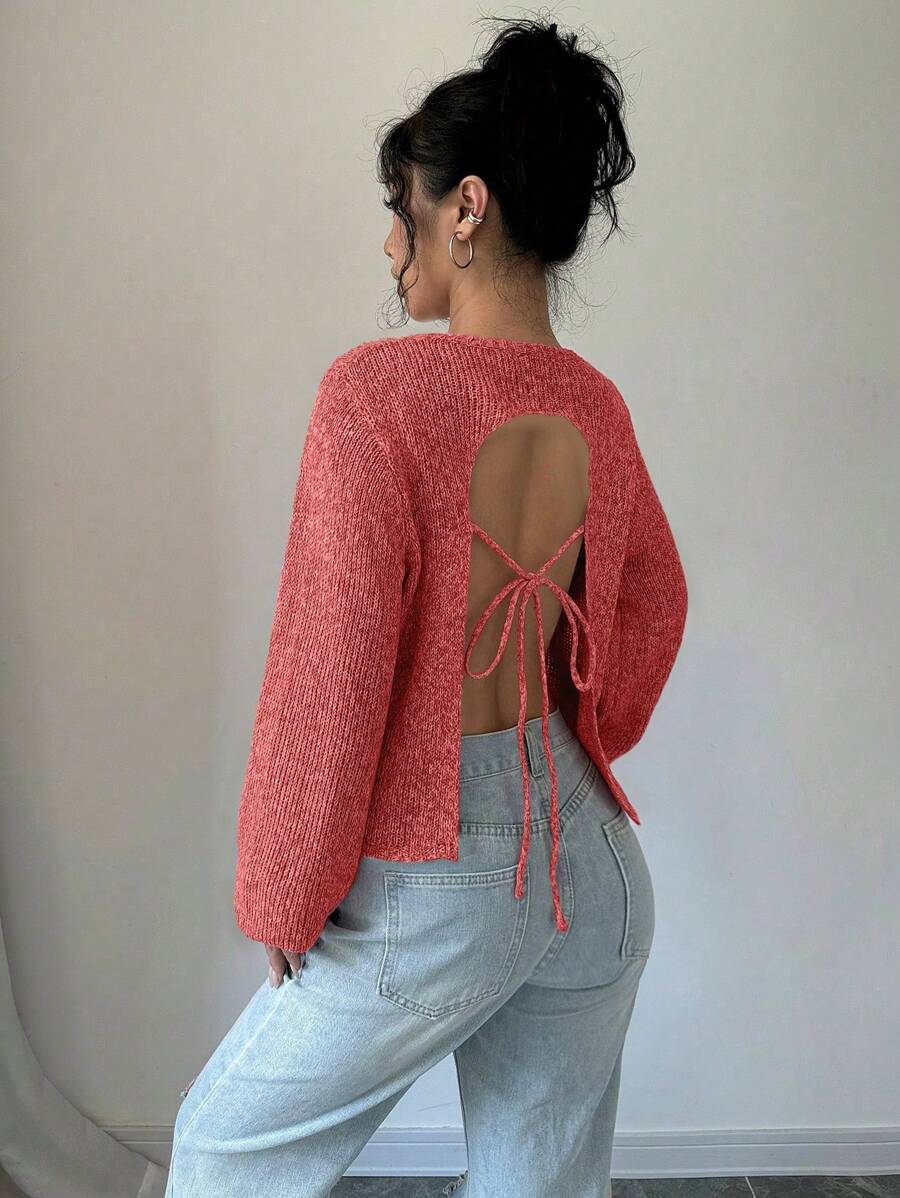 SHEIN Unity 女士休闲宽松露背系带毛衣，秋冬季百搭针织套头衫 - 紅色 - 查看 1