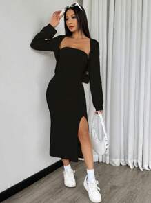 Chiquease 2pcs/Set Solid Color High Slit Thigh Long Dress And Front Opening Cardigan - Black - View 4