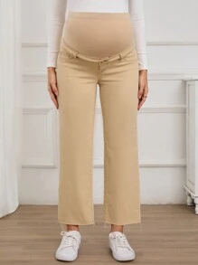 SHEIN Pantalones vaqueros rectos y sueltos de unicolor para maternidad, para primavera y otoño - Caqui - Ver 3