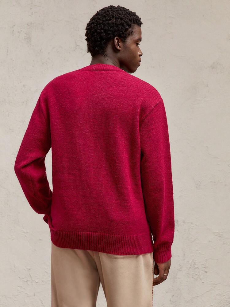 Christmas Gold Thread Red Knit Loose Fit Crew Neck Long Sleeve Sweater, Casual Design With Letter And Snowflake Pattern, Suitable For Autumn/Winter, Christmas And New Year