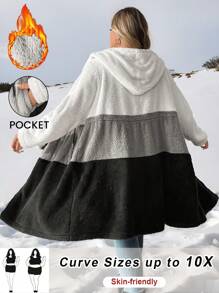 SHEIN CURVE+ Áo khoác lông trùm đầu tay dài chắp vá cỡ lớn có túi cho nữ, mùa thu/đông - Nhiều màu - Xem 2