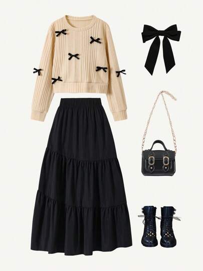 SHEIN Sparklyn 2pcs Set Tween Girls, Bow Knitted Top And Cake Skirt, Perfect For Casual Wear In Fall And Spring Winter