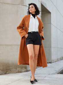 GENKIRA Abrigo largo para mujer de estilo retro y chic francés sin cuello con cinturón de hebilla de metal para otoño - Camel - Ver 3