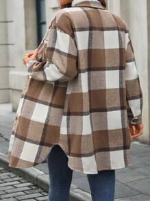 INAWLY Women's Single-Breasted Long Sleeve Plaid Long Loose Chest Pocket Comfortable Fashionable Casual Jacket, Autumn/Winter Fall - Coffee Brown - View 2