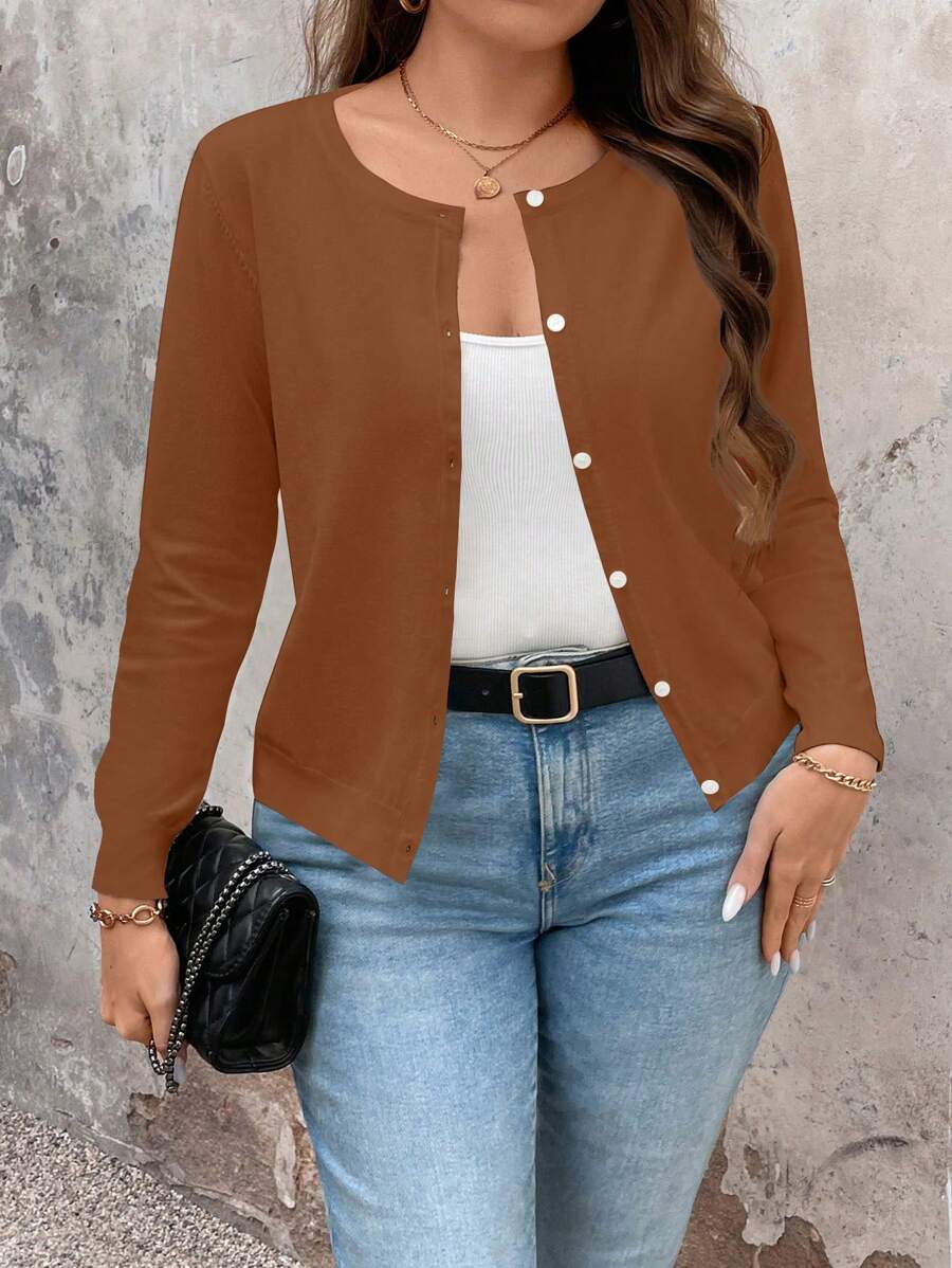 SHEIN Clasi Plus Size Casual Solid Color Cardigan, Versatile For Spring And Autumn, For Winter Fall Cloth For Women - Brown - View 1