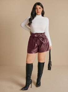 SHEIN Frenchy Plus Size Solid Color Front Tie Pocket Pleated Simple Casual Shorts - Burgundy - View 5