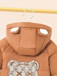 Baby Girl Winter White Brown Jacket,Cute Bear Embroidery 3D Ear Hooded Thick Coat - Brown - View 7