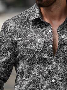 Manfinity LEGND Plus Size Men Casual Everyday Paisley Print Button Front Long Sleeve Shirt, Autumn, Street Wear, Going Out, Fancy Shirts For Men
