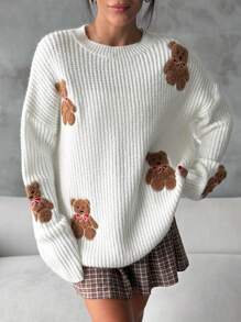 EURMUSE Women Round Neck Oversize Drop Shoulder 3d Mini Teddy Bear Patched Pattern Cute Drop Shoulder Sweater Pullover - White - View 8